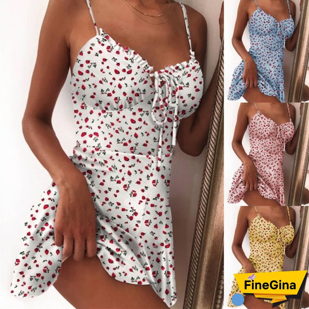 Women Fruit Printed Sweet Sling Dress Ladies Summer Fashion Sleeveless Sexy V Neck Lace Up Dress Party Shopping Daily Wear