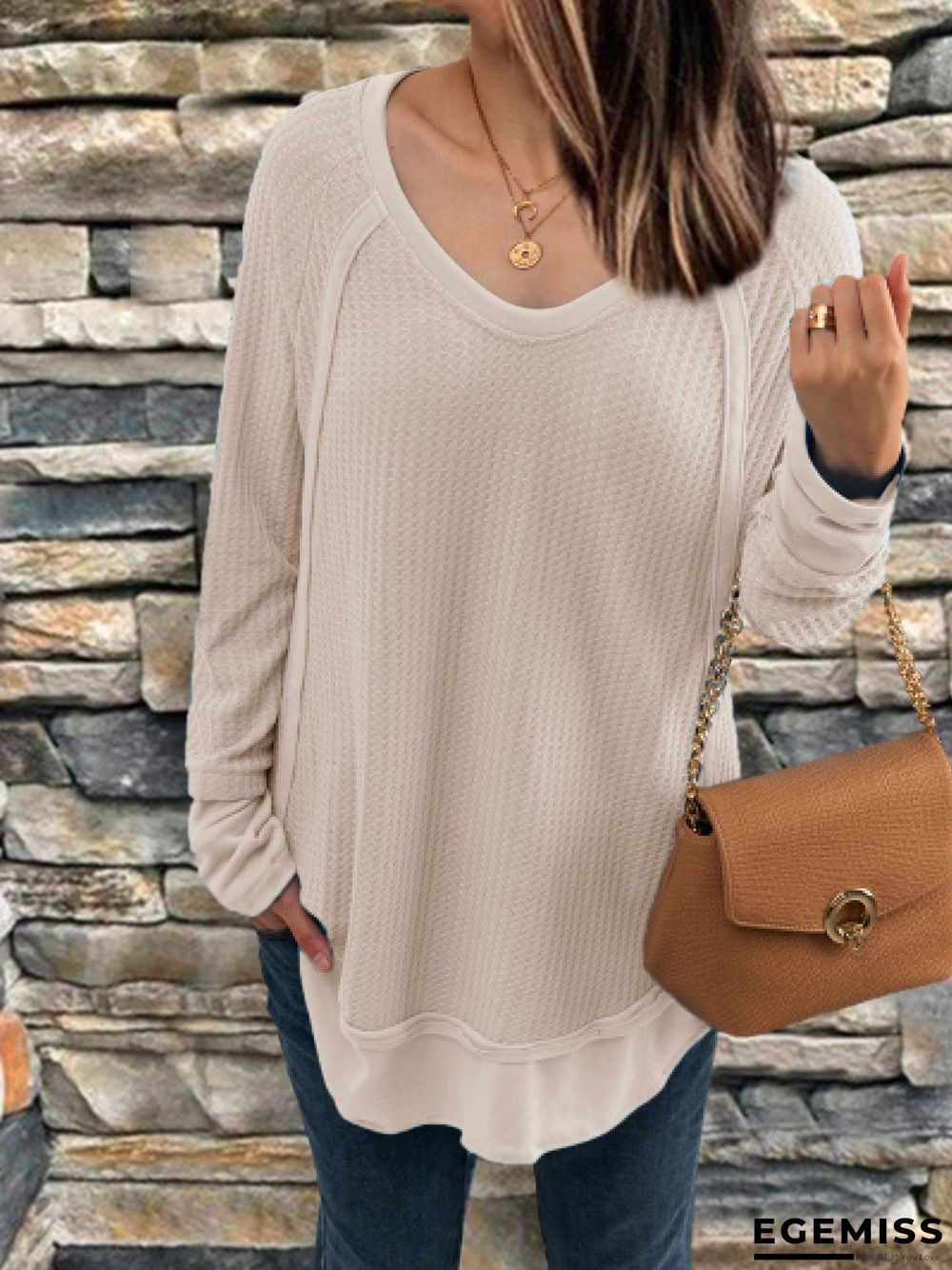 Casual Long Sleeve V Neck Solid Tops | EGEMISS