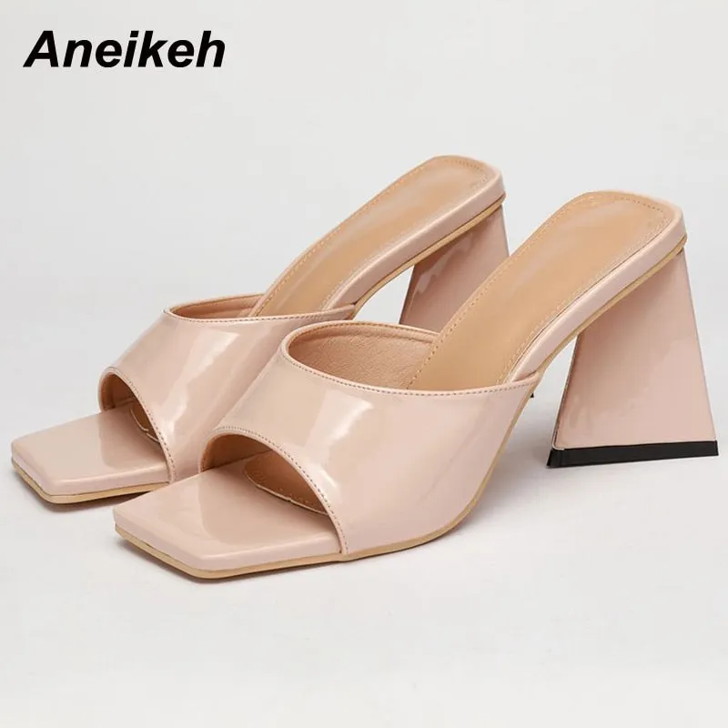 Aneikeh 2022 Summer New Fashion Concise Solid PU Shallow Mid Heel Slippers Women Lazy Slip On Beach Mules Square Open Toe 35-42