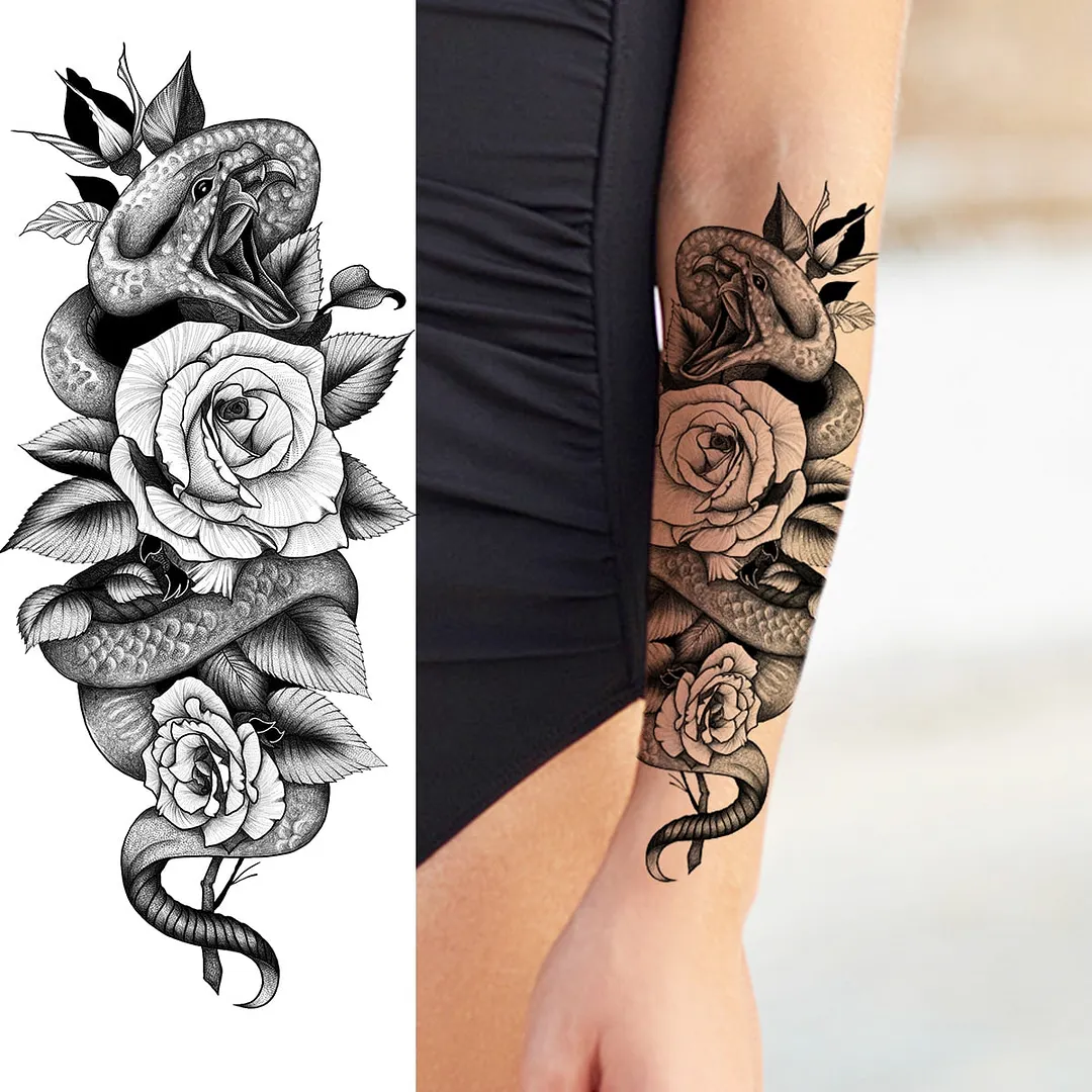Black Rose Flower Snake Temporary Tattoos For Women Adult Peony Serpent Fake Tattoo Forearm Body Art Painting Waterproof Tatoos