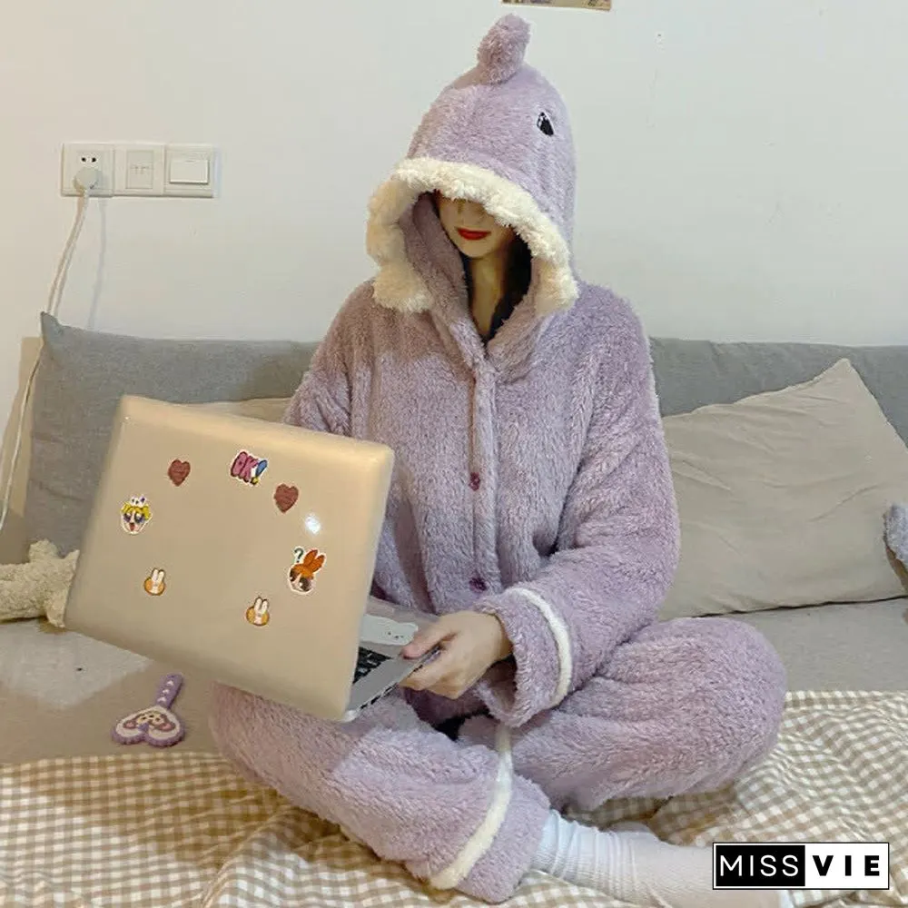 Lovely Cartoon Shark Plush Hooded Pajamas Set