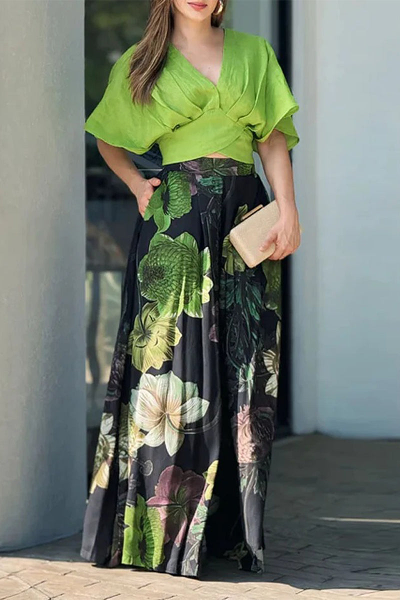 Casual Floral Print Pocket Contrast V Neck Short Sleeve Two Pieces