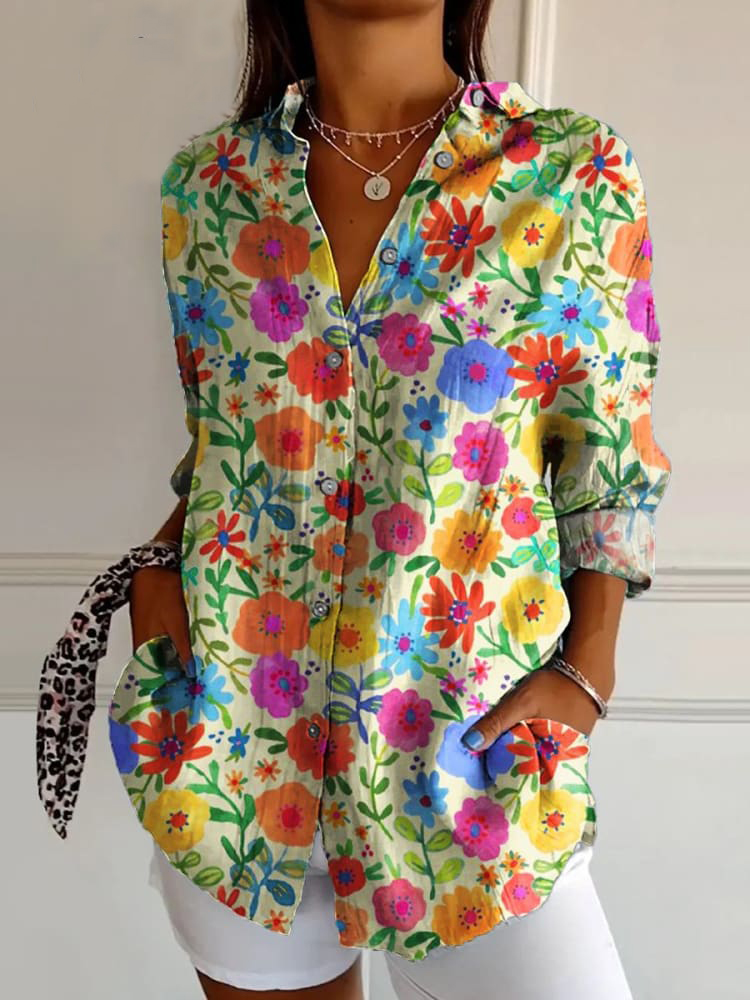 Women's Brightly Colored Small Flowers Print Casual Cotton Shirt