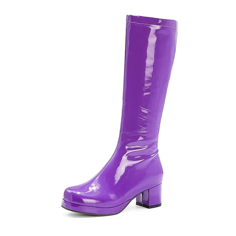 Gdgydh Women Patent Leather Boots 2021 Autumn Winter High Heel Platform Mid Calf Boots For Women Colorful Fashion Light PU Boots