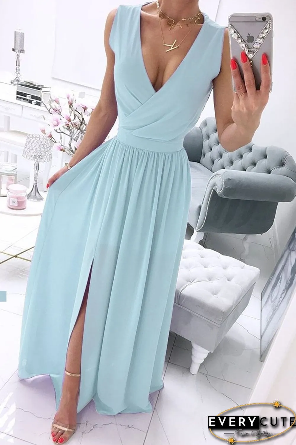 Fashion Street Solid Split Joint V Neck A Line Dresses