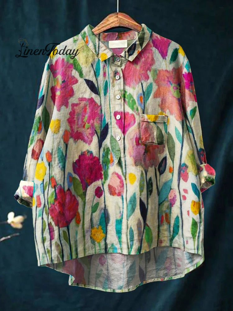 Women&rsquo;s Vintage Flower Art Print Casual Cotton And Linen Shirt Multicolor / S