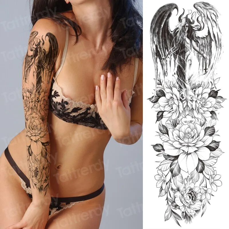 large temporary tattoos for women men full arm tattoo sticker sleeve thigh big body art decal black waterproof fake tatoo flower