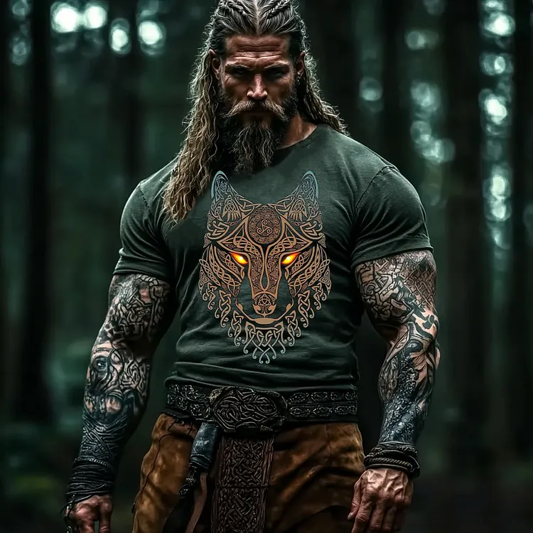 Men's Vintage Viking Wolf Print T-shirt