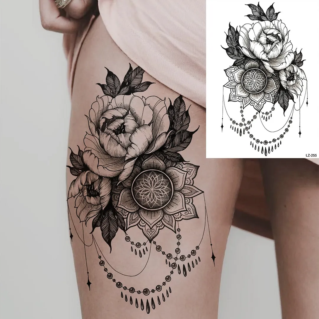 Black Rose Flower Sexy Temporary Tattoos For Women Adult Thigh Peony Skull Realistic Fake Tattoo Sexy Washable Tatoos Sticker