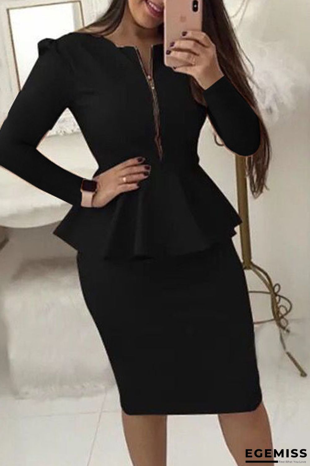 Black Casual Solid Patchwork Flounce Zipper Collar Long Sleeve Two Pieces | EGEMISS