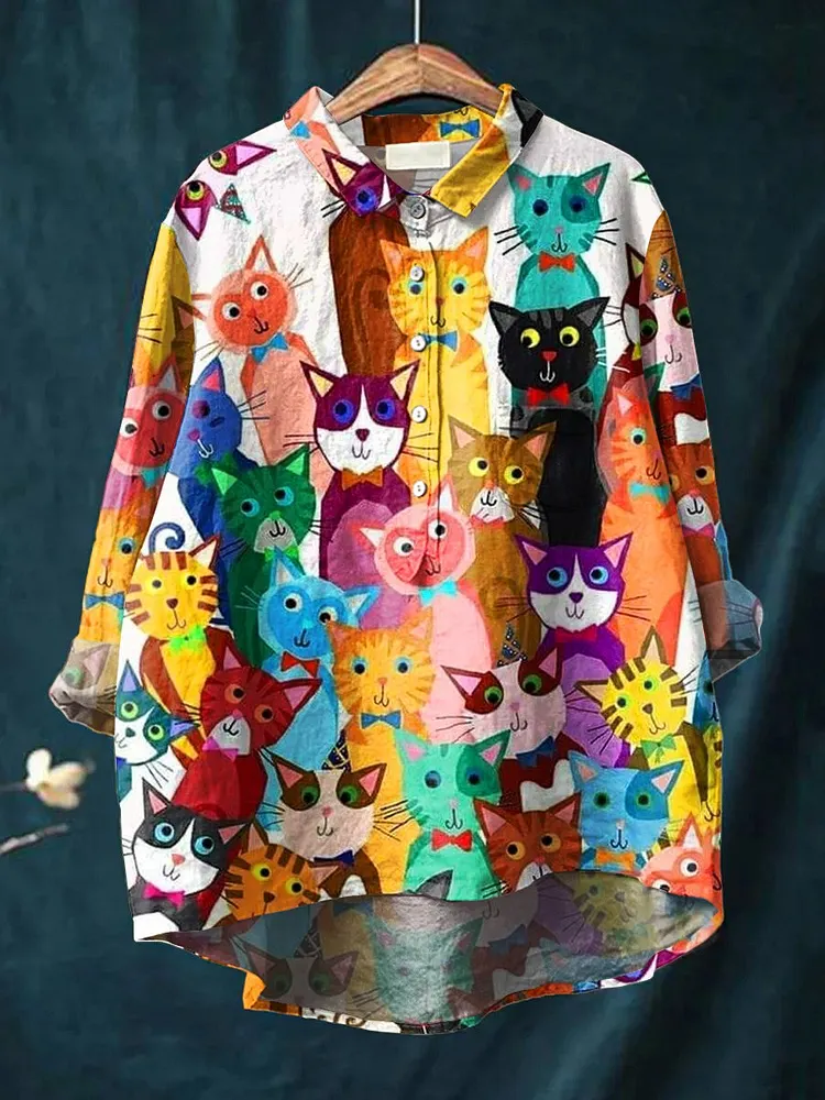 Womens Cat  Art Print Casual Cotton And Linen Shirt