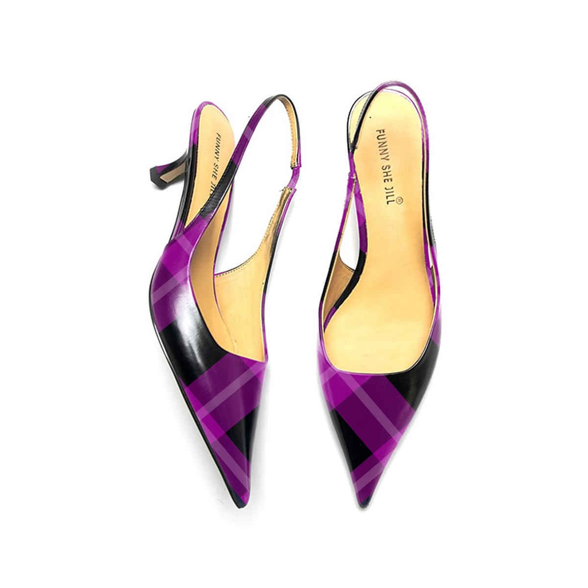 Purple Patent Leather Pointed Toe Kitten Heel Slingback Pumps with Plaid Nicepairs