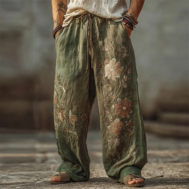 Men's Boho Floral Embroidered Wide Leg Linen Pants
