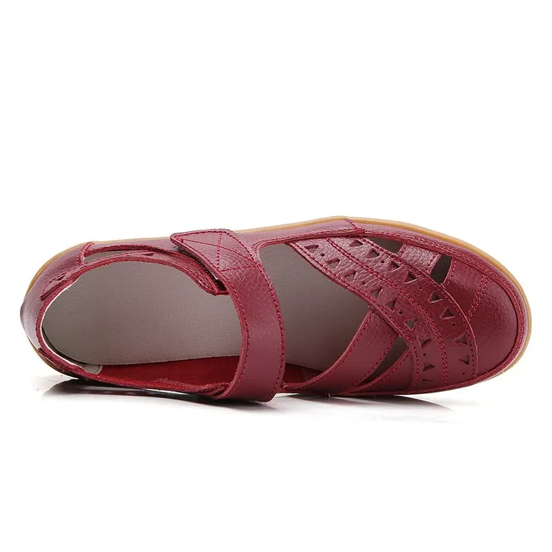 New Genuine Leather Women's Summer Sandals Cut-Outs Woman Flats Shoes Breathable Female Beach Loafers Soft Mother Shoe