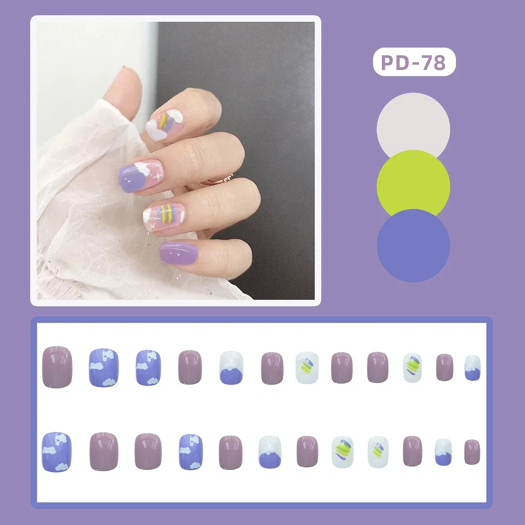 24pcs/box Fake Nails With Glue Yellow Flower Printed Type Short Paragraph Fashion Manicure Press On False Nails Gifts For Girls-Nail Inspo