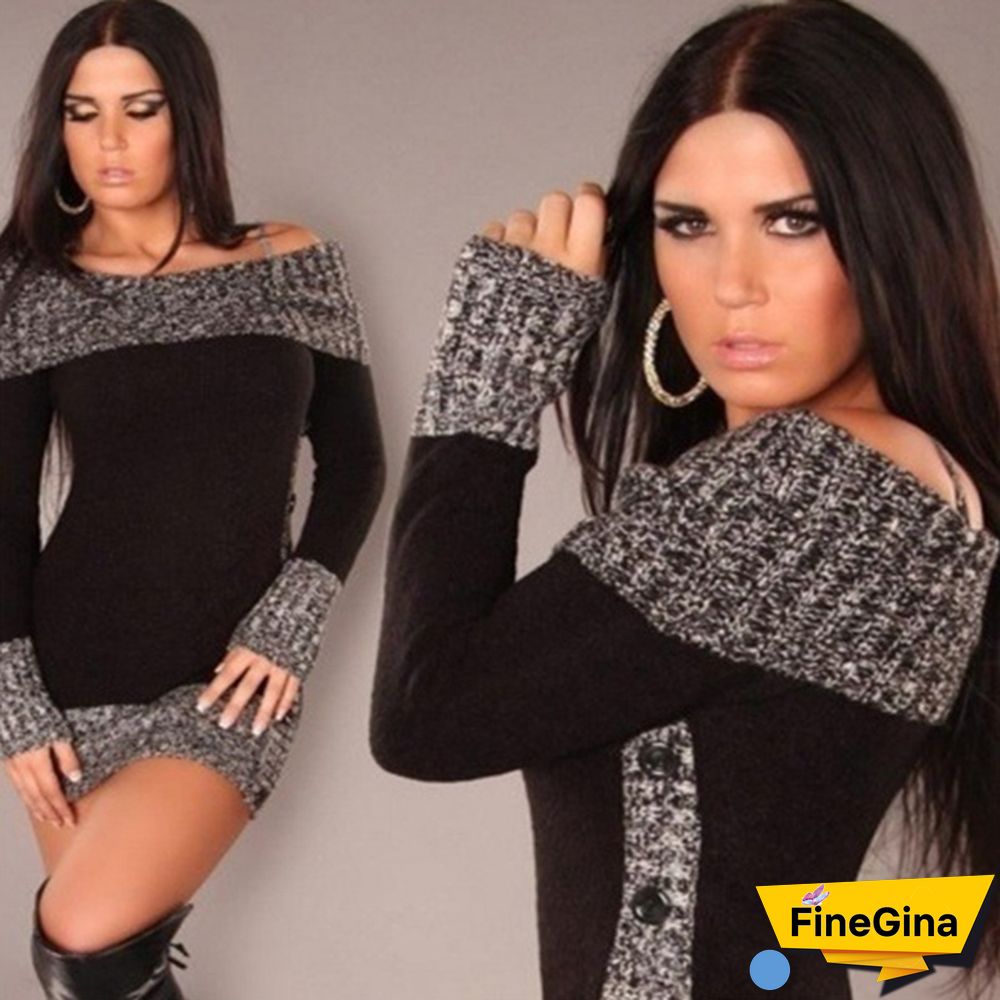 Women's Fashion Autumn Winter Casual Long Mini Dress Knitted Wear Knitted Sweater Dress