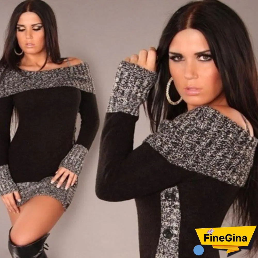 Women's Fashion Autumn Winter Casual Long Mini Dress Knitted Wear Knitted Sweater Dress