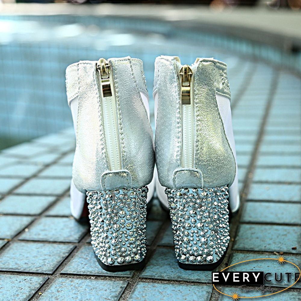 Women Sandals Bling High Heels Diamond Zipper Square Heel Women Shoes Wedding Shoes