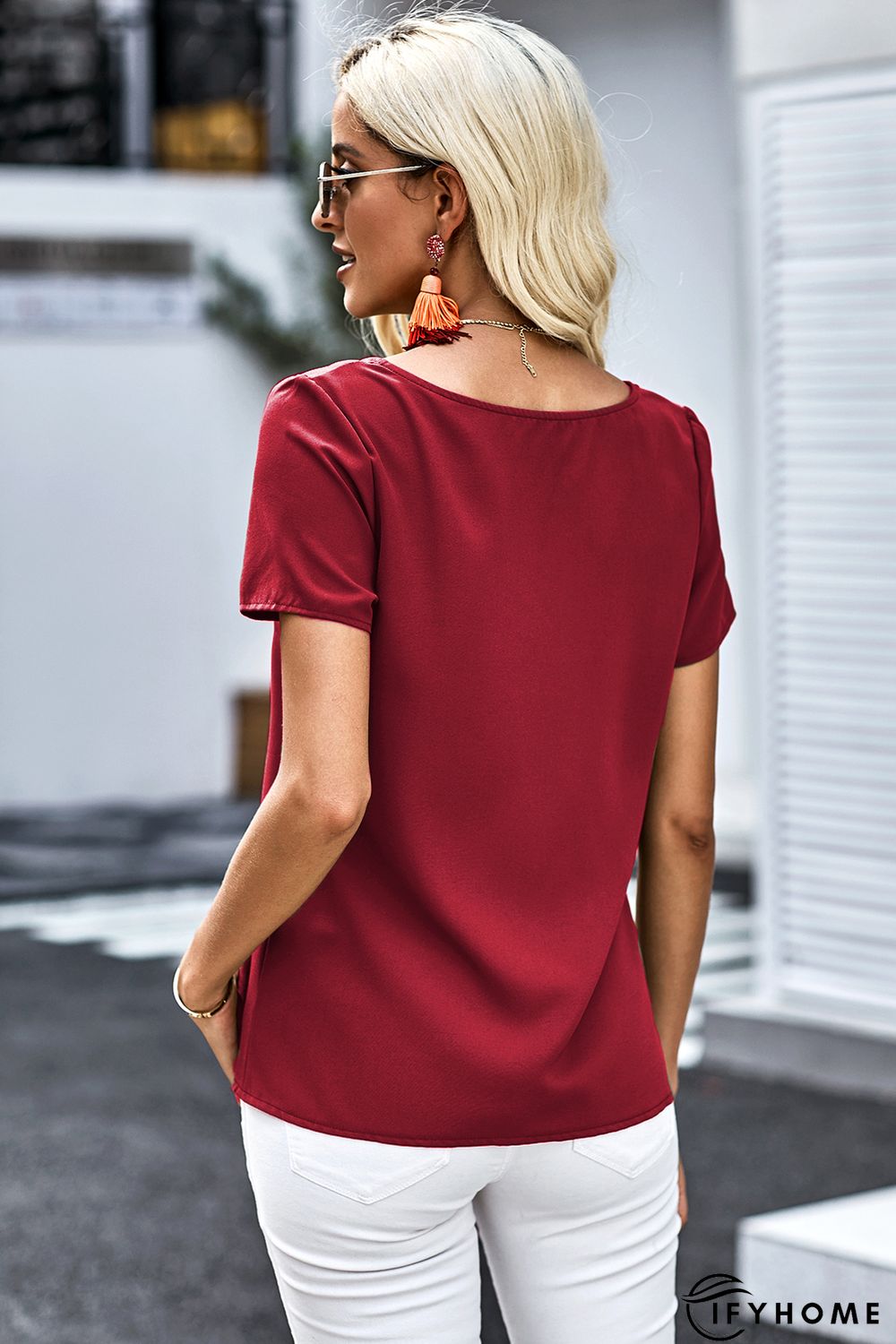 Red Button Detail Short Sleeve V Neck Blouse | IFYHOME