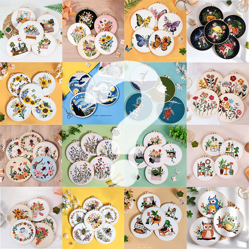 GIF showcasing a variety of DIY embroidery kits, featuring floral, animal, and seasonal-themed designs with vibrant colors and intricate patterns. Each kit includes pre-printed fabric, threads, and tools for crafting. Perfect for beginners and experienced crafters alike.