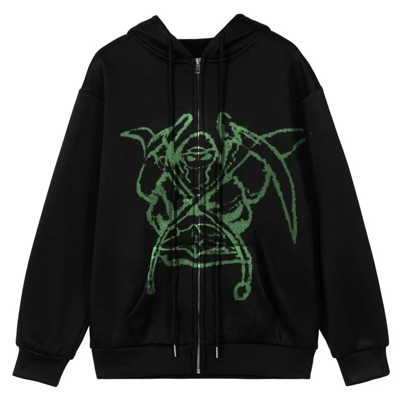 Gothic Hooded Jacket Portrait Demon Print Long Sleeve Zip-up Top Coat Streetwear with Pockets Y2K Hip Hop Men Women Sweatshirt