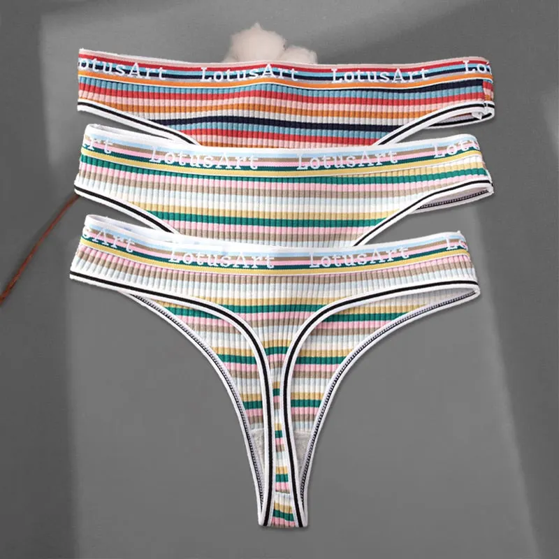 FINETOO 3Pcs/set Women Rainbow Thongs M-XL Cotton Panties Comfortable Striped T-Back Underwear Ladies Soft G-string Lingerie New