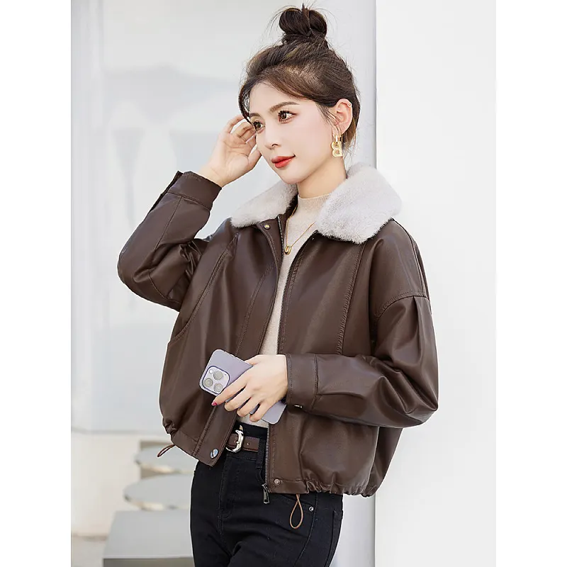 Athvotar Athvotar Fur Collar Plus Velvet Coat Women 2025 Winter New Small Loose PU Locomotive Jacket Jacket