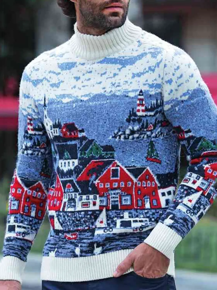 Vintage Landscape Warm Knitted Jacquard Turtleneck Sweater