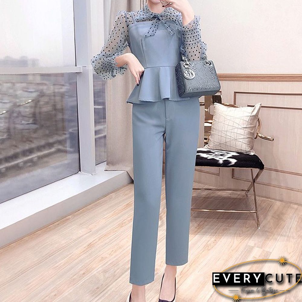 Office Fashion Two Piece Pants Sets Outfits Women Bow Dot Print Patchwork Tunics Tops + Pants Suits Korean Workwear Sets