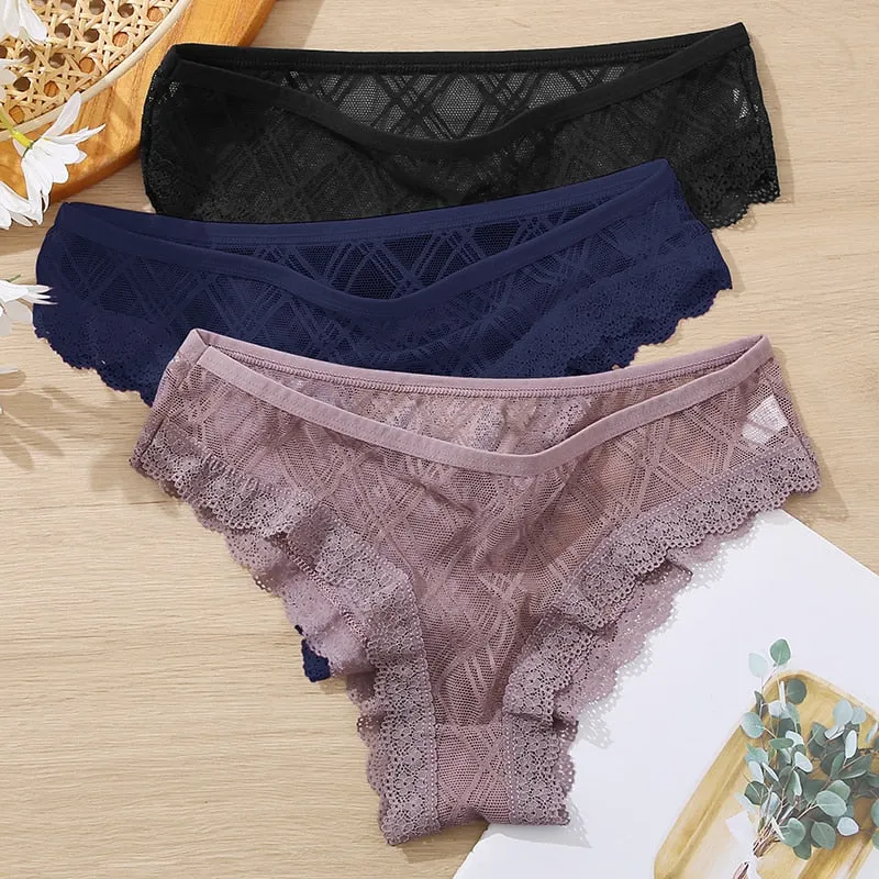 FINETOO M-2XL Sexy Lace Panties Women 3Pcs/set Low Waist Lattice Underwear Ladies Transparent Panty Female Underpants Lingerie