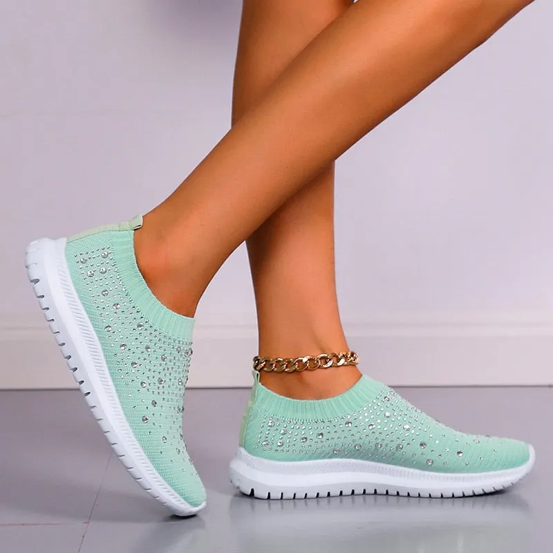 Shining Crystal Flats Shoes For Women Plus Size Breathable Mesh White Sneakers Woman 2022 Spring Summer Soft Sole Sports Shoes