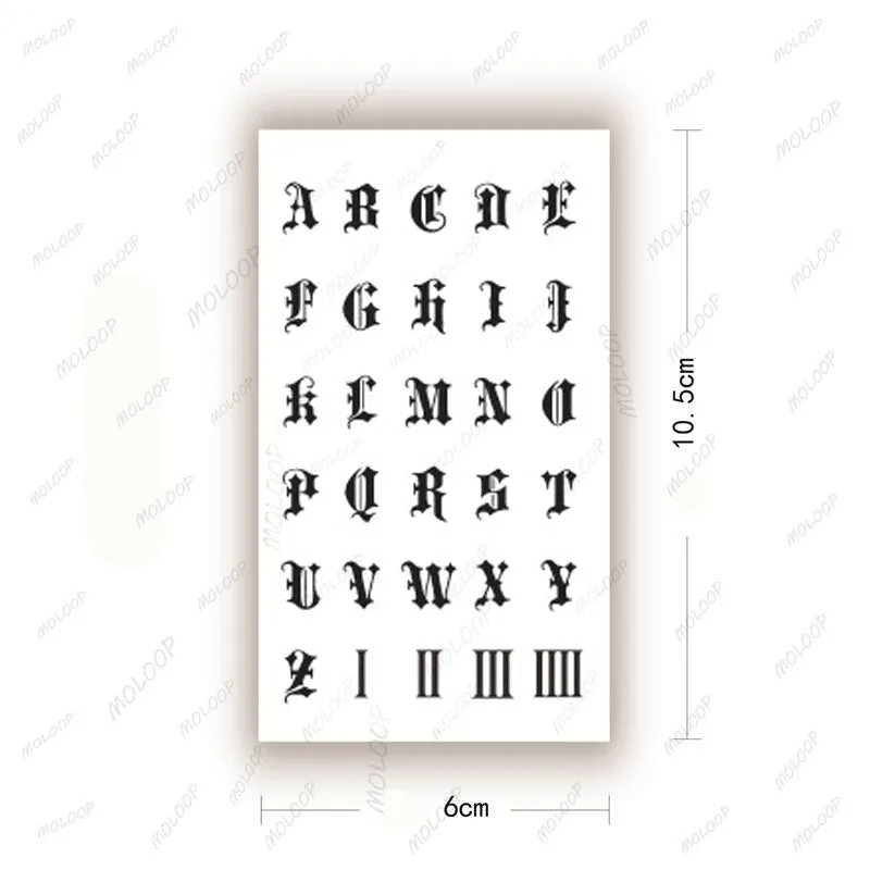 Tattoo Sticker English Alphabet Letter Roman Numerals Waterproof Temporary Body Art Fake Flash Tattoo for Man Woman Kids