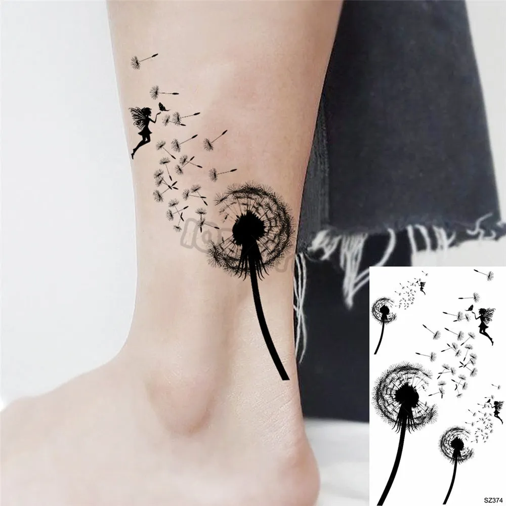 Black Dandelion With Creative Tattoos For Women Men Realistic Sea Wave Mountain Lavender Fake Tattoo Sticker Arm Leg Tatoos 3D
