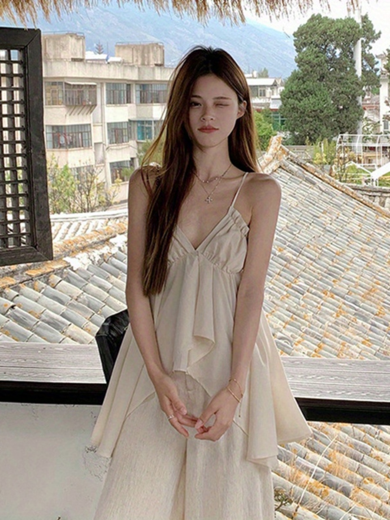 Women's Ruffled V-Neck Asymmetrical Top Spaghetti Strap Cute Vest Gentle And Elegant Camisole | IFYHOME