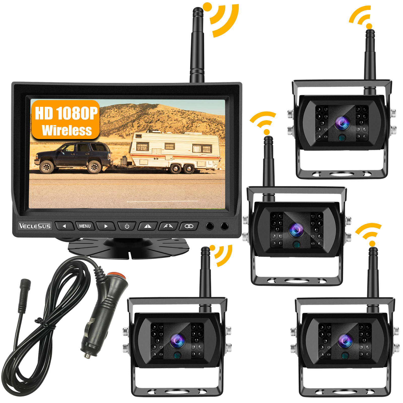 VECLESUS VMW7-4C 1080P Wireless Backup Camera Kit, 7&rdquo; IPS HD Monitor & IP69K Waterproof High Speed Stable Transmission 4 Backup Cams for Trucks, RVs, Trailers, Bus, Harvester, Motorhome Large Vehicles GING UV FLASHLIGHT GING