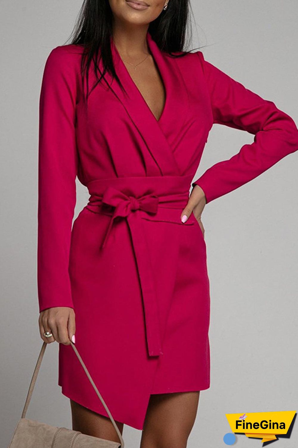 Fashion Casual Solid With Belt V Neck Waist Skirt Dresses(3 Colors)