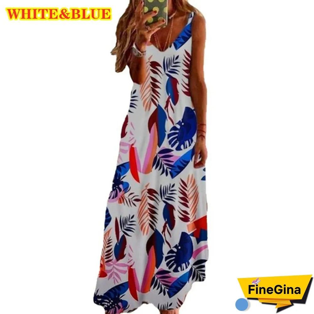 S-8XL Plus Size Vrouwen Maxi Jurk Zomer Casual Sexy Boho Gedrukt Lange Jurk Mouwloze V-hals Kleding Jurk Losse Vestido