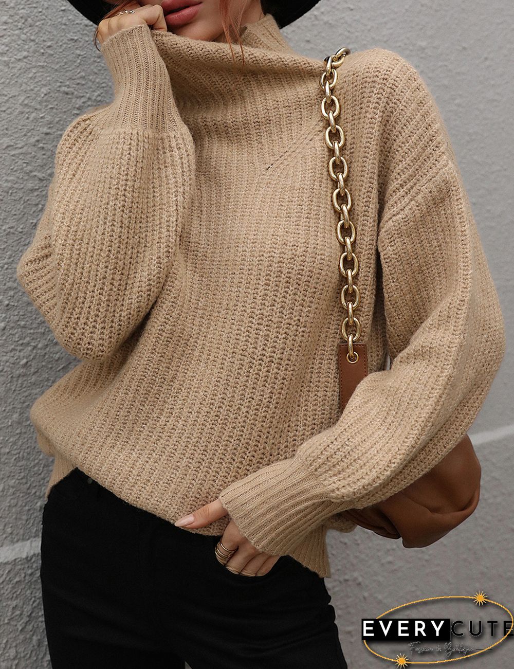 Khaki Solid Loose Style Turtleneck Sweater