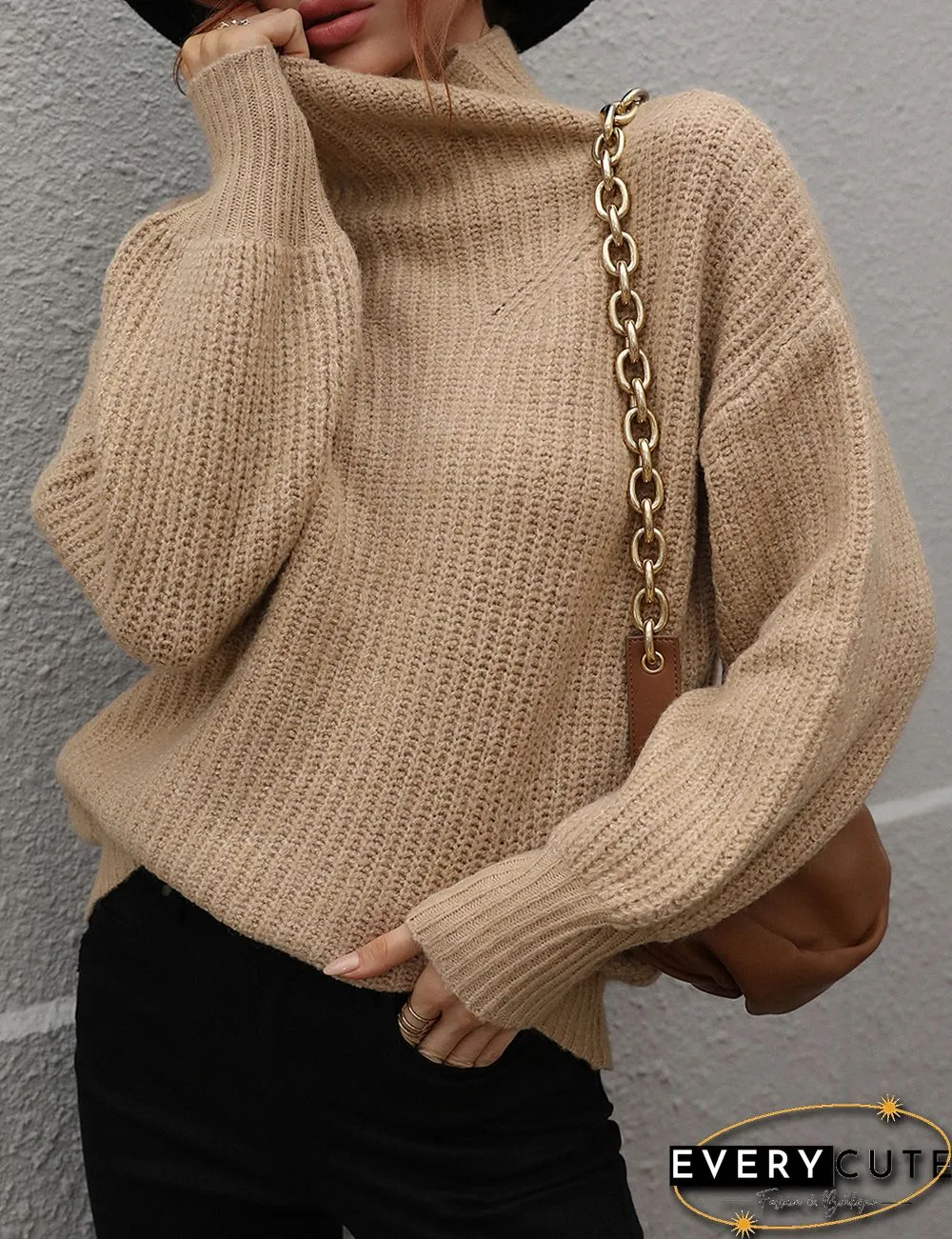 Khaki Solid Loose Style Turtleneck Sweater