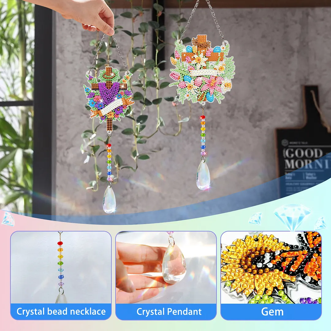 2Pcs Cross Faith DIY Acrylic Diamond Painting Art Wind Chimes with Crystal Pendant Diamond Art Hanging Pendant Double-Sided for Adults Beginners Gift Home Garden Decor