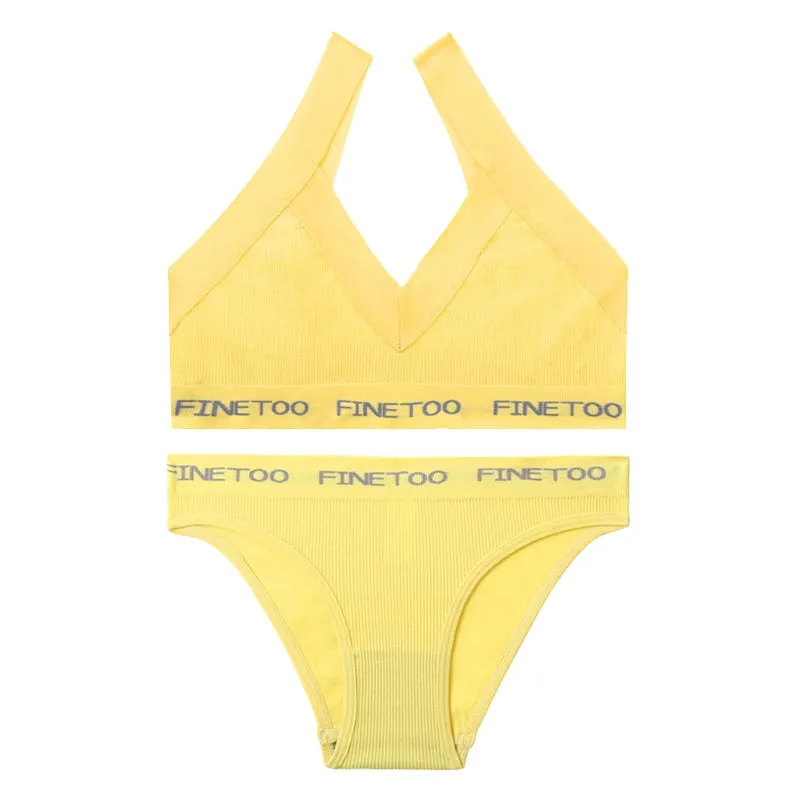 FINETOO Deep V Bra Set M-XL Women Seamless Underwear Girls Soft Tops and Letter Briefs Ladies Bras Set Comfortable Lingerie Set