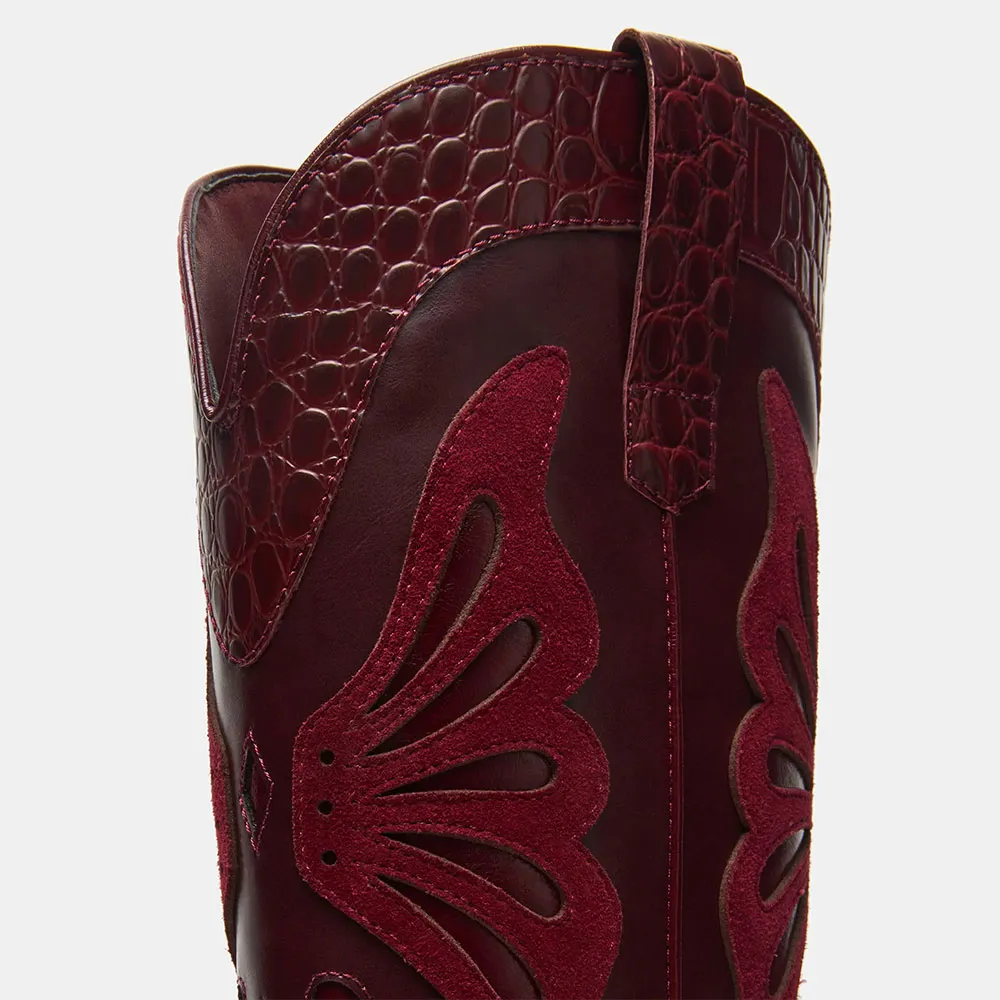Butterfly Inlay Maroon Embossed Mid Calf Cowgirl Boots for Women