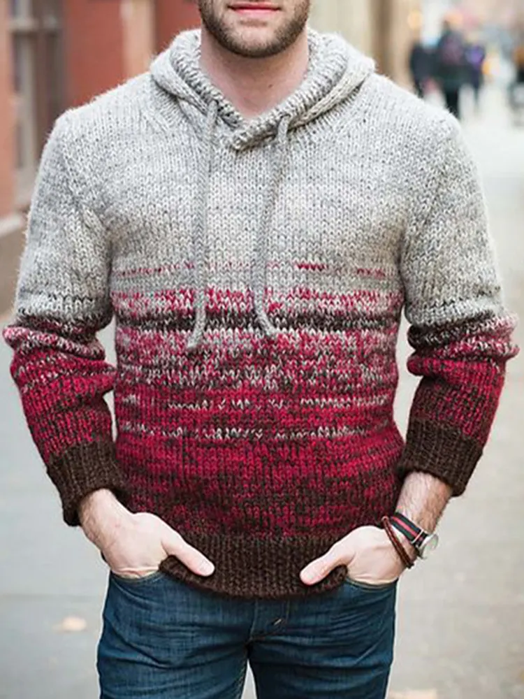 Gradient Burgundy Jacquard Knit Hooded Sweater