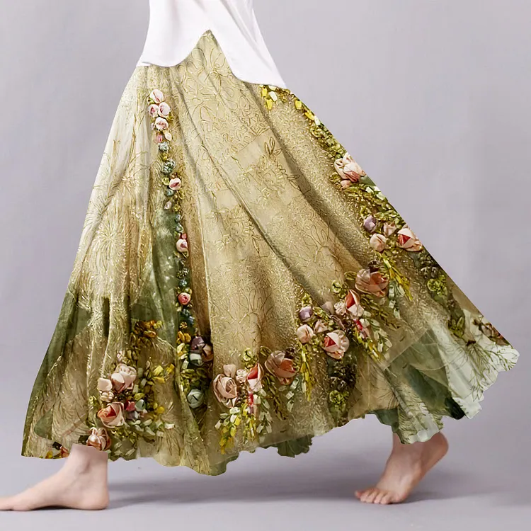 Women's Boho Flowers Art Linen Blend Skirt