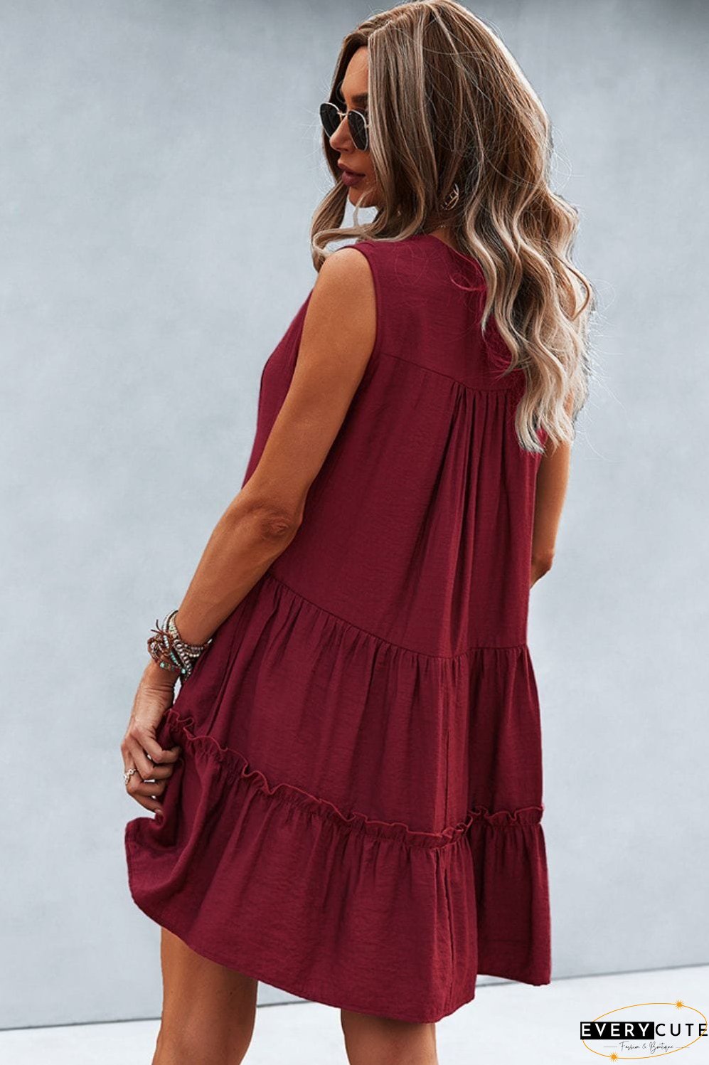 Frill Trim Notched Sleeveless Tiered Dress
