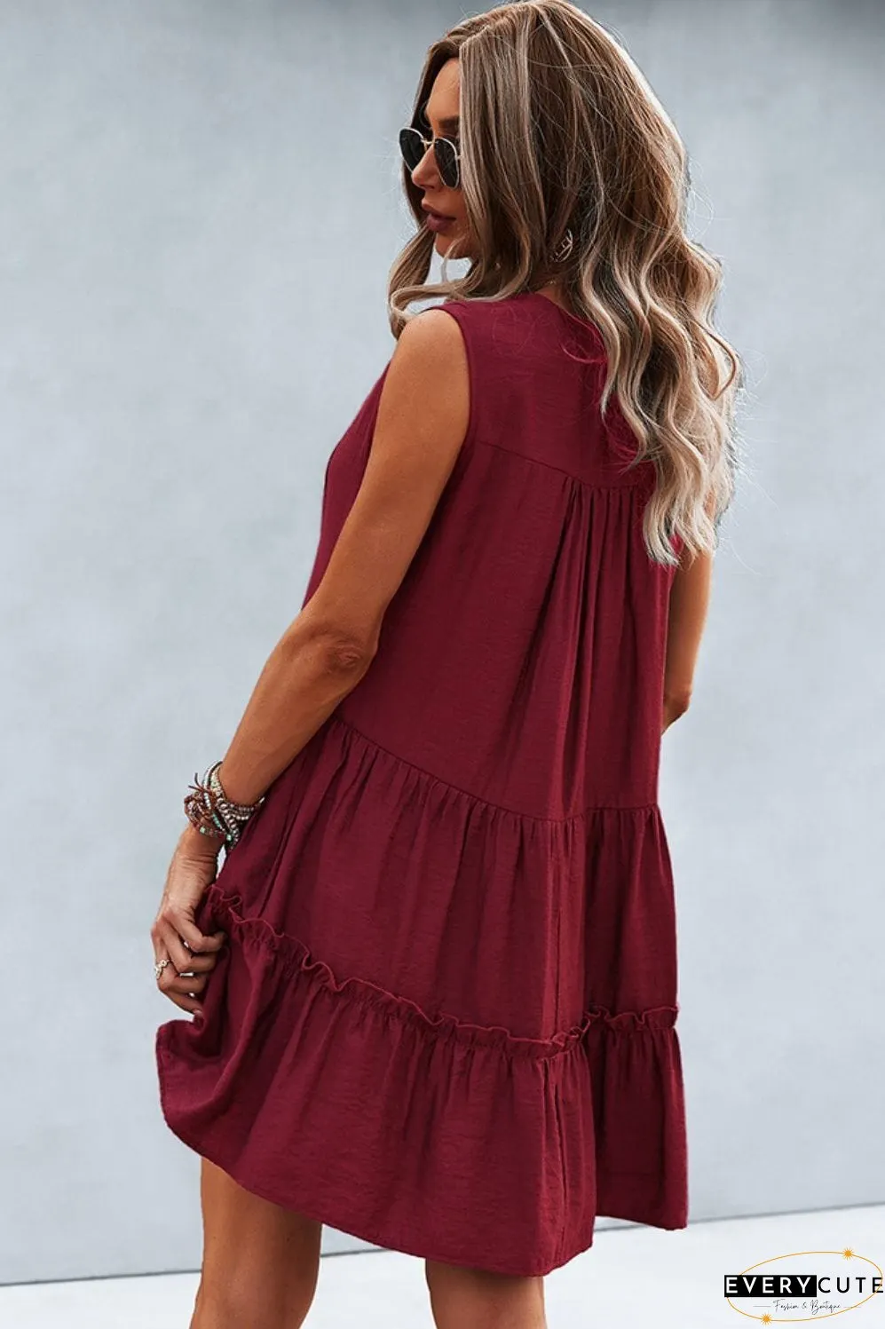 Frill Trim Notched Sleeveless Tiered Dress