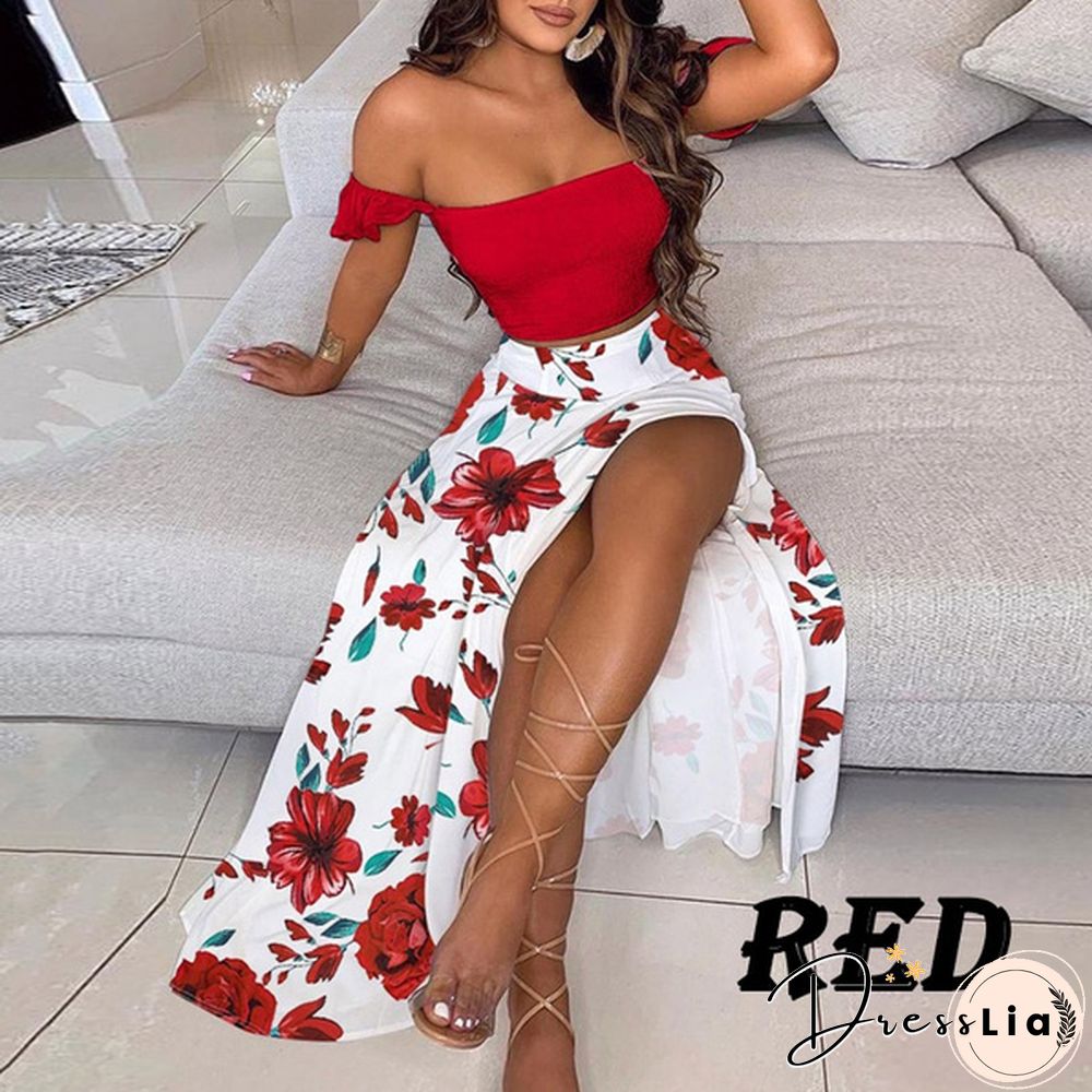 New Women's Sexy Tube Top Print Dress Split Long Skirt Summer Off-Shoulder Beach Dress Mini Skirt Set Plus Size
