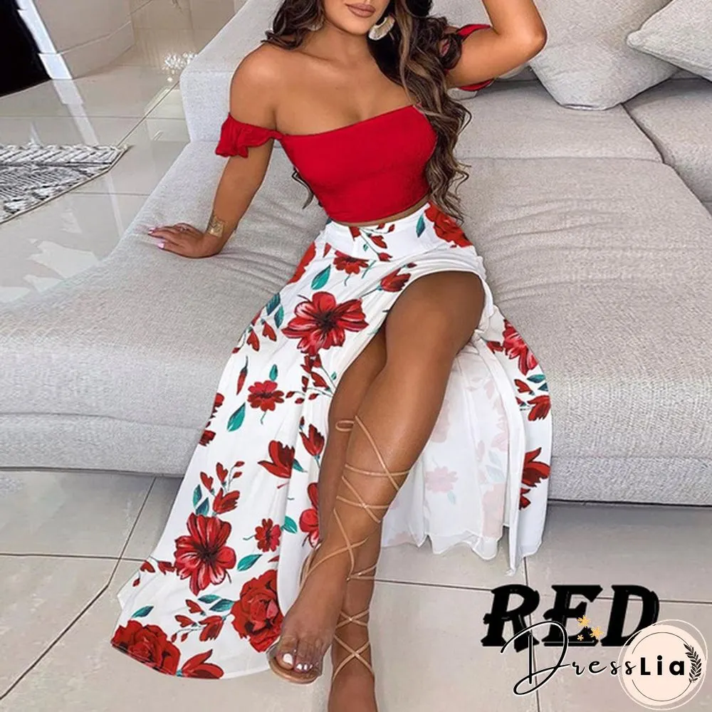 New Women's Sexy Tube Top Print Dress Split Long Skirt Summer Off-Shoulder Beach Dress Mini Skirt Set Plus Size