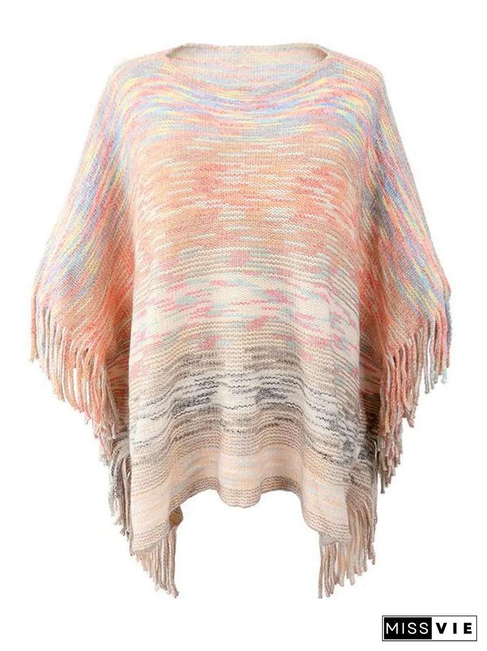 Women's Scoop Neck 3/4 Sleeve Knit Shawl Fringed Hem Striped Sweater Top