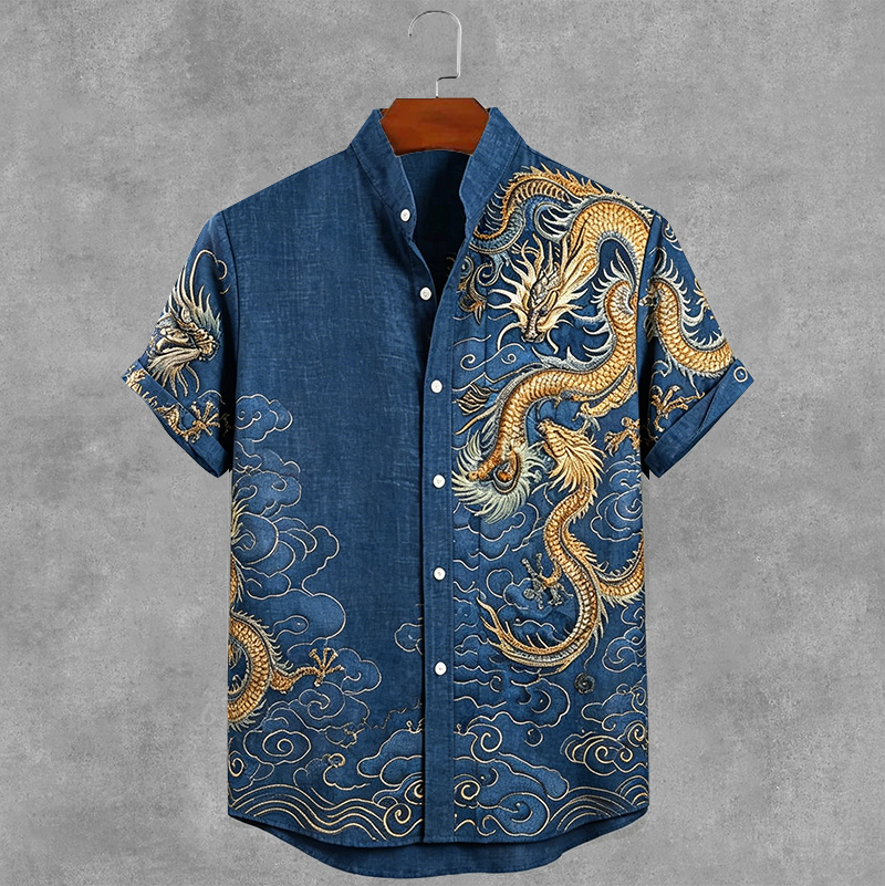 Comstylish Men's Japanese Dragon Art Print Short Sleeve Shirt